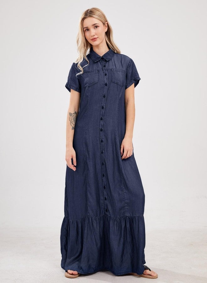 utcoco Womens Short Sleeve Denim Maxi Dress Casual Loose Fit Button Down Long Jean Dresses (X-Large, Dark Blue) - Image 4